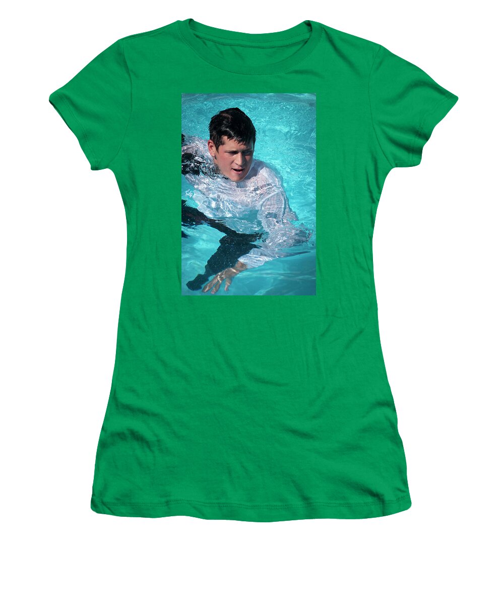 Dv8ca Women's T-Shirt featuring the photograph Caz in the pool, suited by Jim Whitley