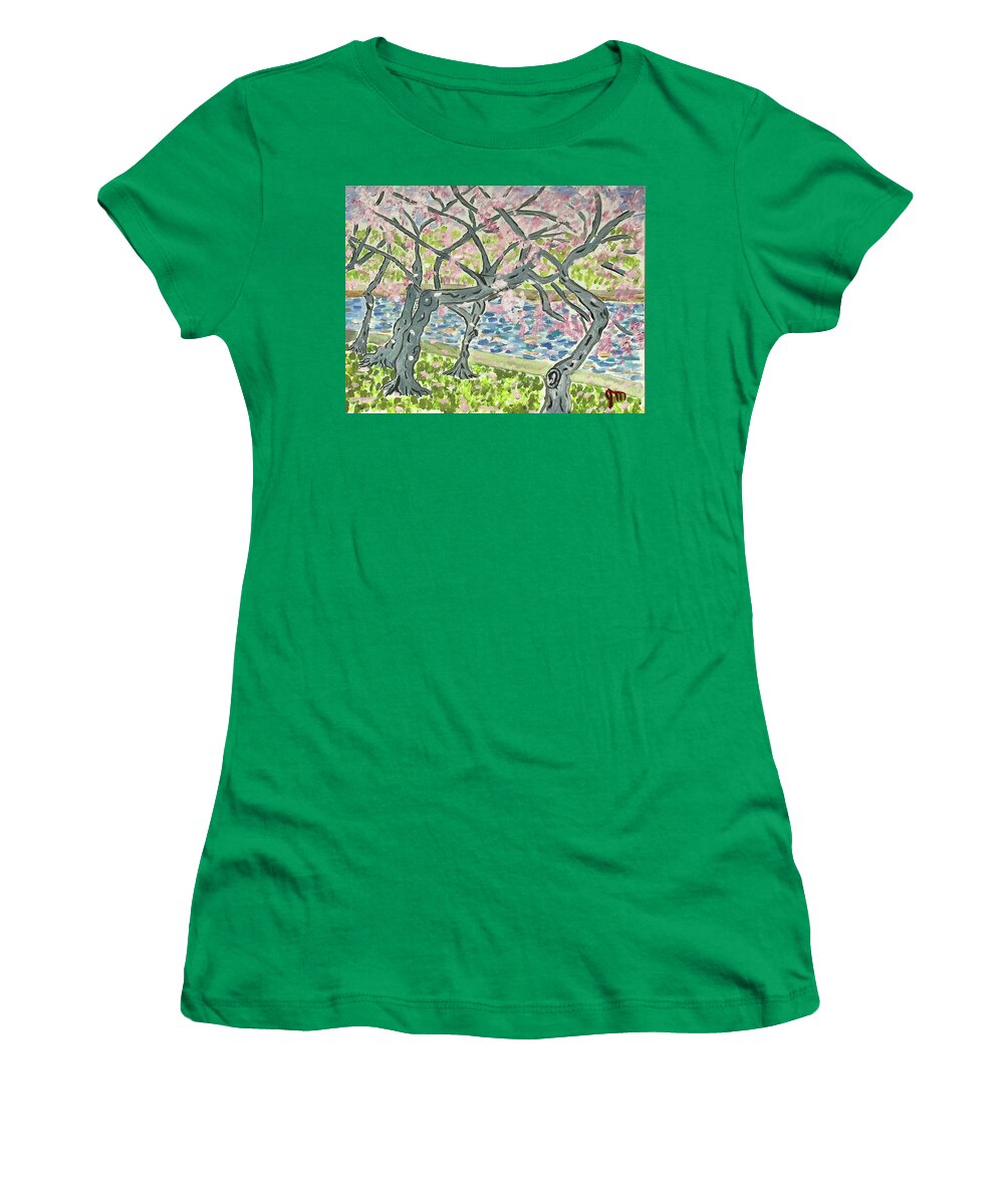 Cherry Blossoms Women's T-Shirt featuring the painting Cherry Blossoms on the Mall #1 by John Macarthur