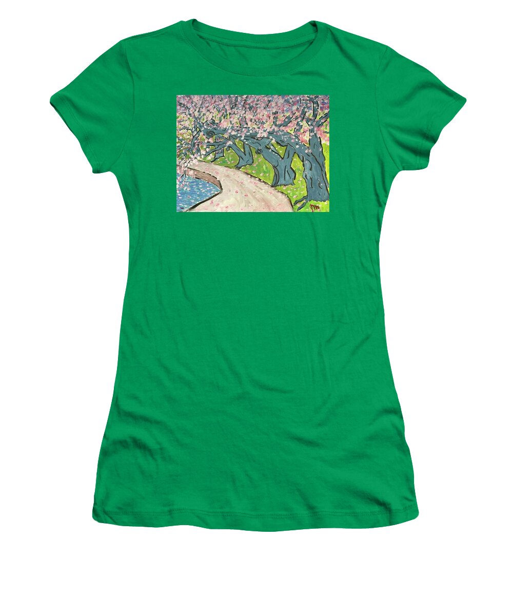 Cherry Blossoms Women's T-Shirt featuring the painting Cherry Blossoms on the Mall #2 by John Macarthur