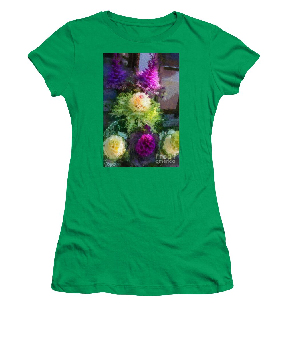 Colors Women's T-Shirt featuring the mixed media Colorful Ornamental Cabbage by Eva Lechner