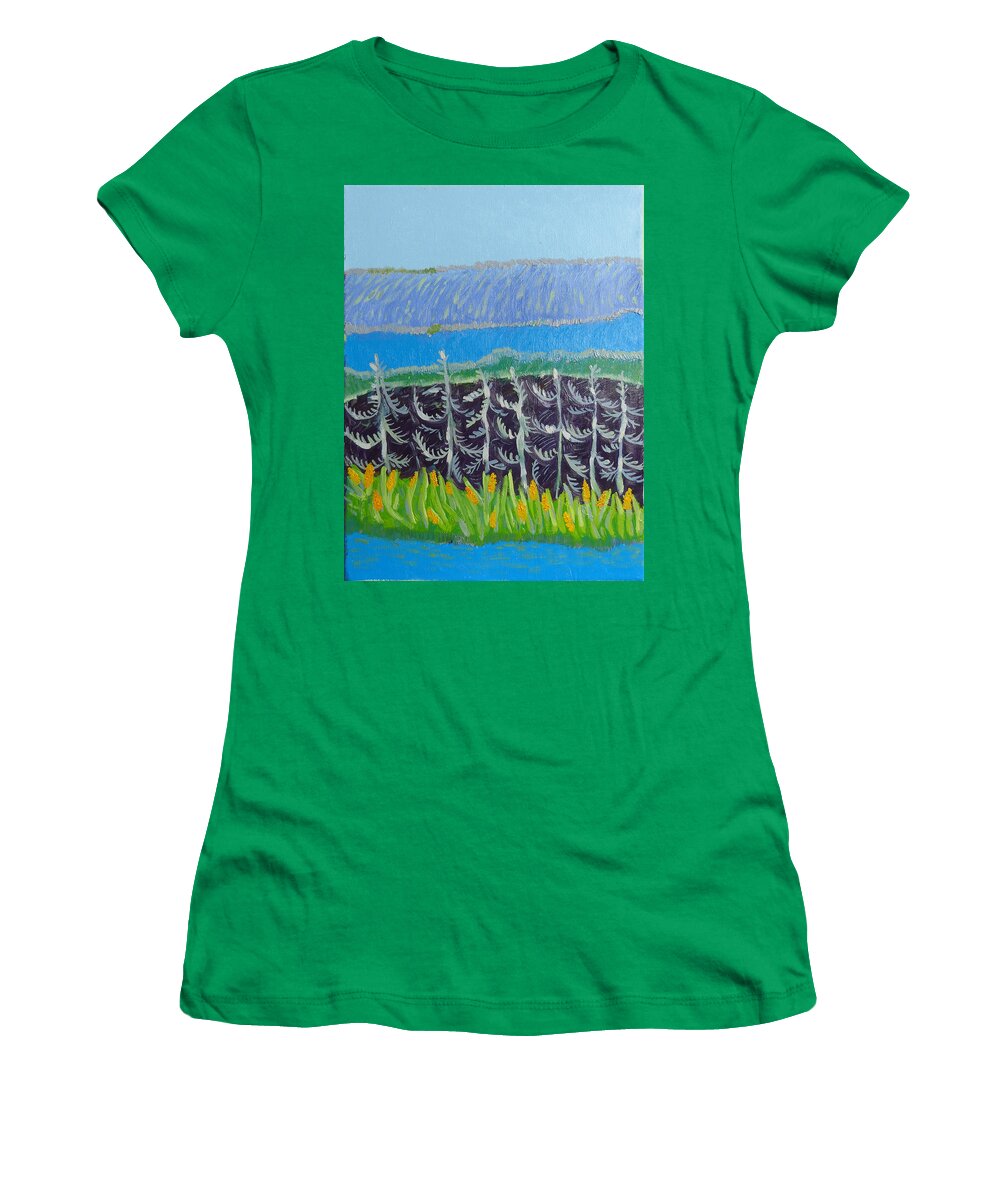 Corn And River Women's T-Shirt featuring the painting Corn and river by Elzbieta Goszczycka