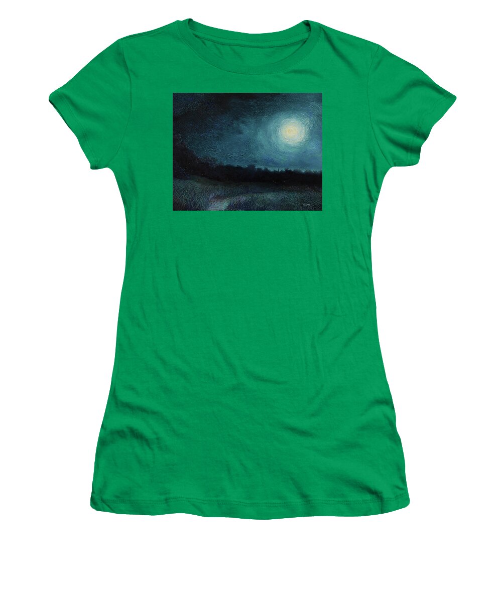 Moon Women's T-Shirt featuring the painting Fireflies and Moonlight by Charles Owens