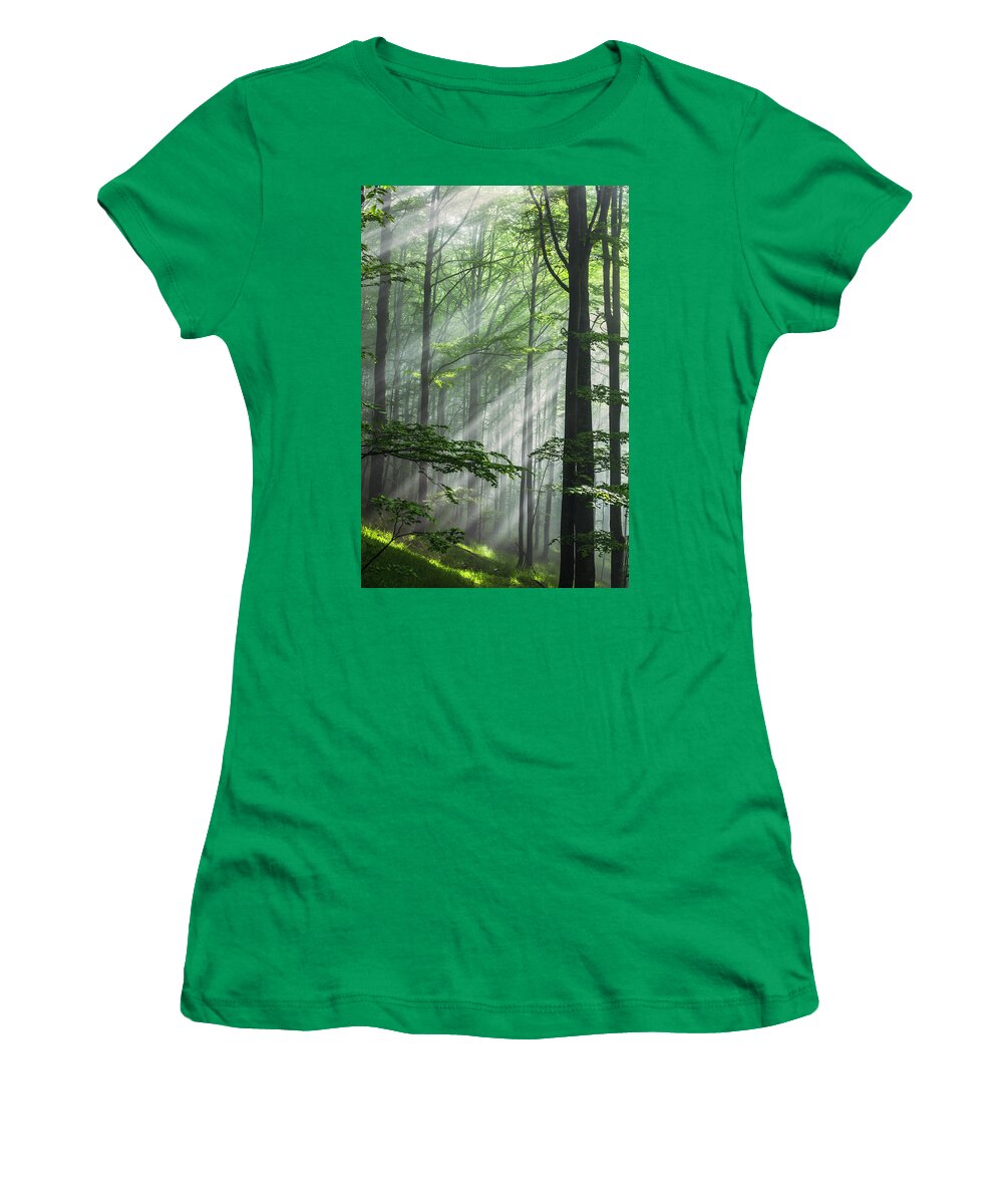 Fog Women's T-Shirt featuring the photograph Fleeting Beams by Evgeni Dinev
