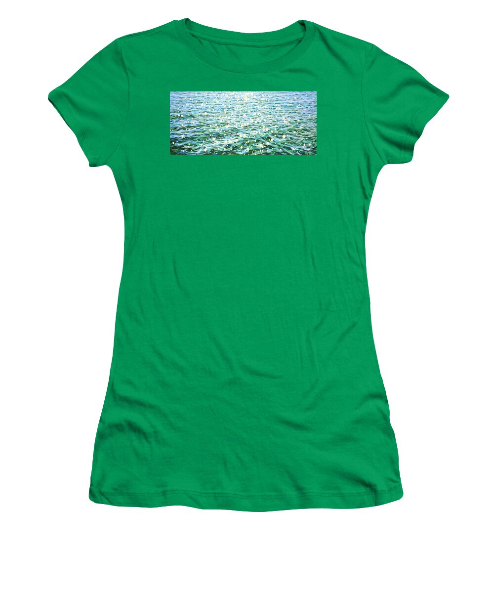 Glare Women's T-Shirt featuring the painting Glare in emerald water. by Iryna Kastsova