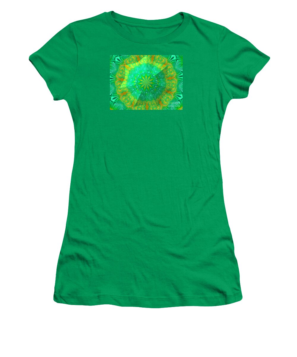 Green And Orange Fractal Kaleidoscope Mandala Star Under Glass Abstract Women's T-Shirt featuring the digital art Green and Orange Fractal Kaleidoscope Mandala Star Under Glass Abstract by Rose Santuci-Sofranko