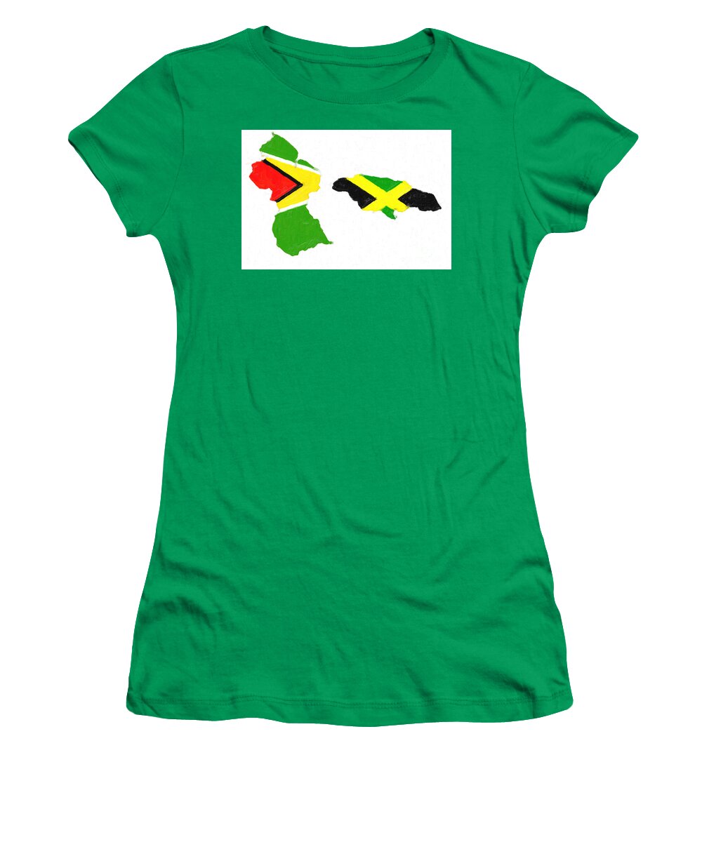 Guyana And Jamaica Women's T-Shirt featuring the digital art Guyana Jamaica Painted Flag Map by Antony McAulay