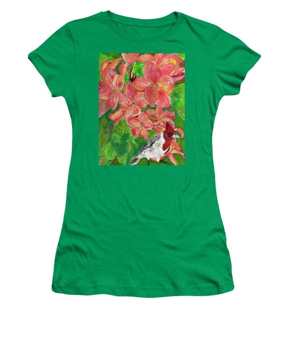 Flowers Women's T-Shirt featuring the painting Hawaiian Red Cardinal in Plumeria by Melody Fowler