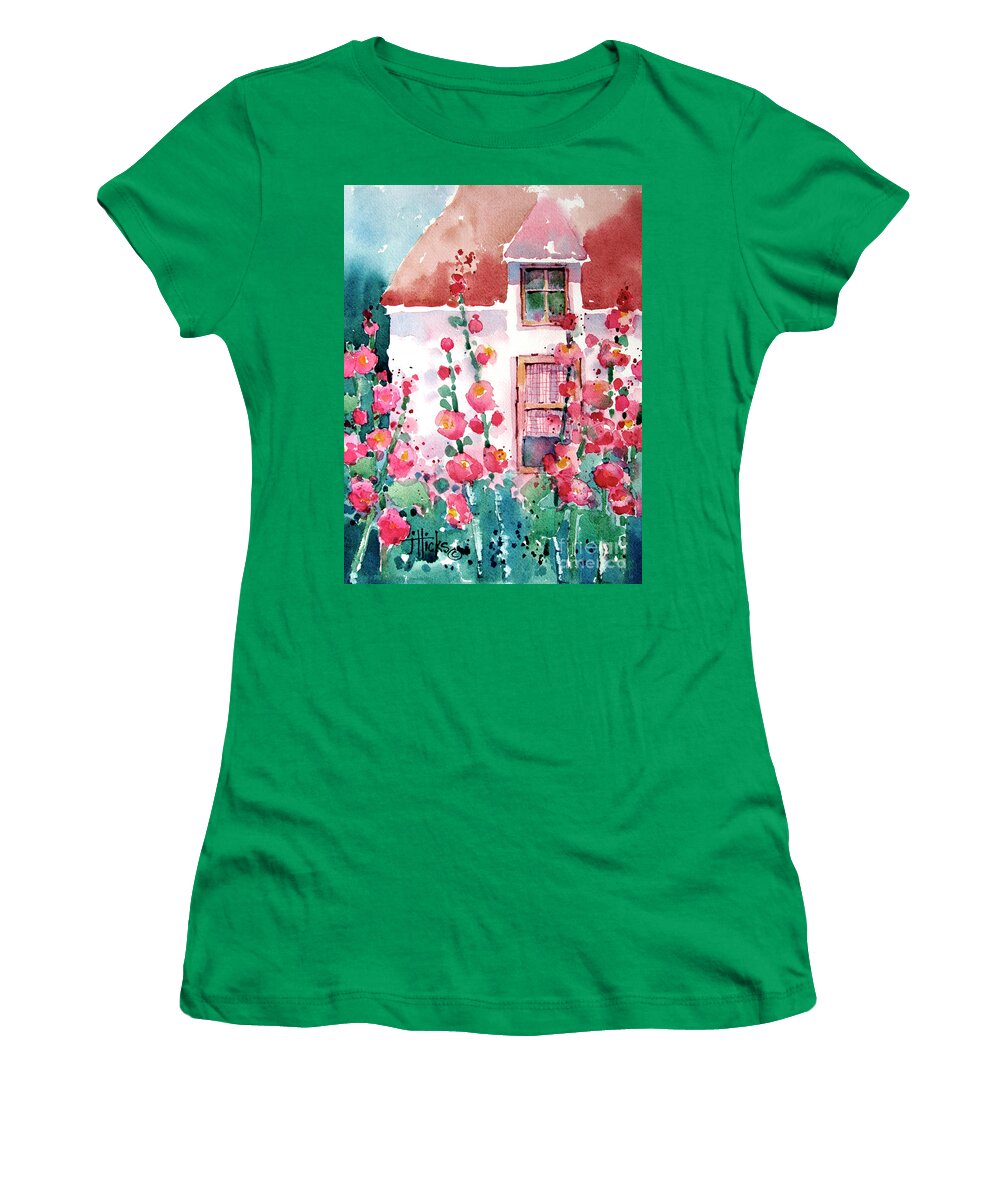 Cottage Women's T-Shirt featuring the painting Hollyhock House by Joyce Hicks