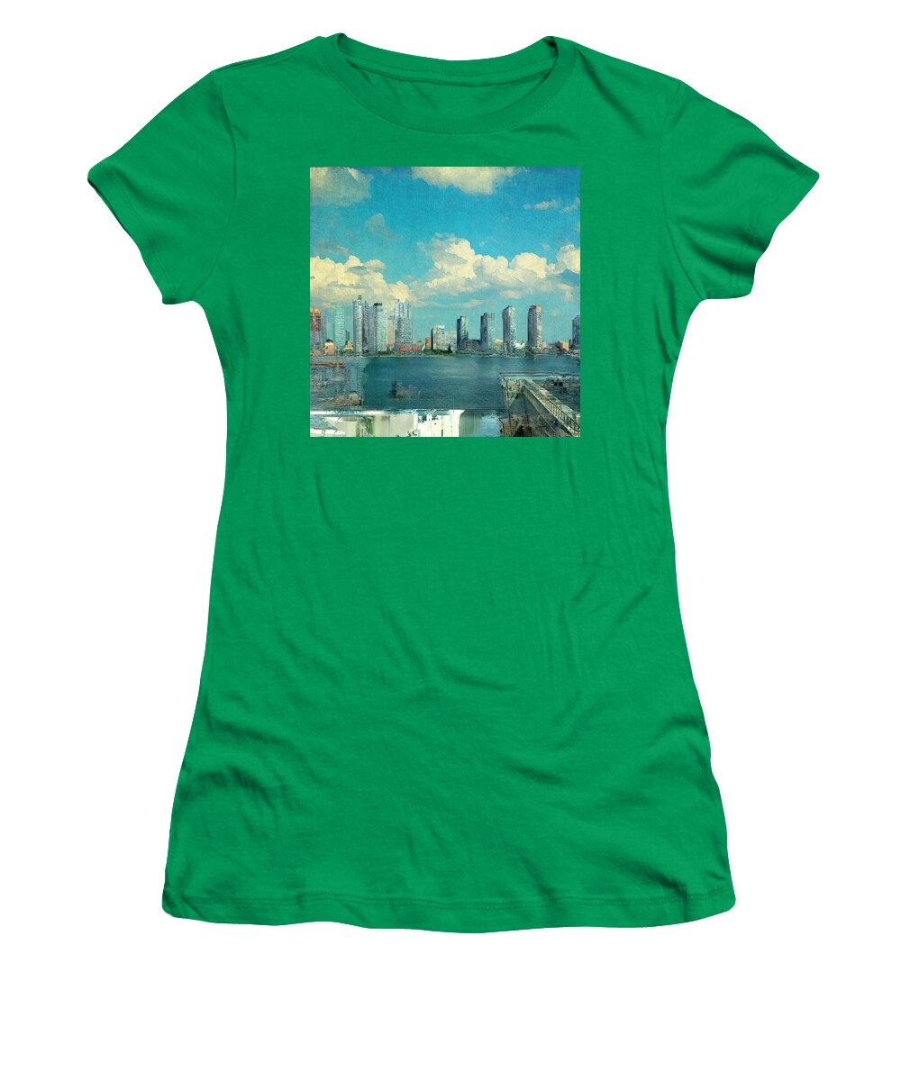 Lic Women's T-Shirt featuring the photograph LIC on a Blue Sky, Puffy Cloud Day by Carol Whaley Addassi