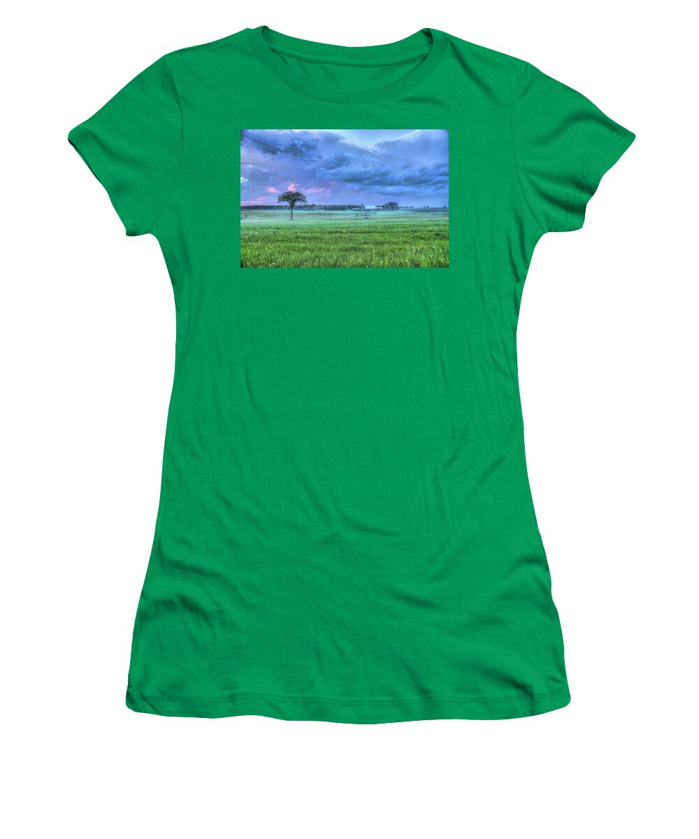 Farmer Women's T-Shirt featuring the photograph Light Fog Forming Over The Farm by Dale Kauzlaric