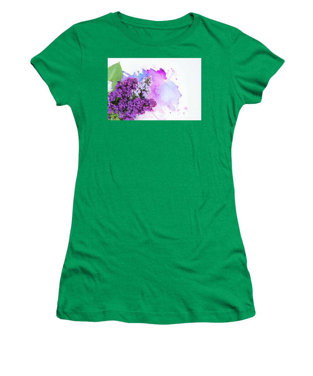Lilac Women's T-Shirt featuring the photograph Lilac flowers on watercolor by Anastasy Yarmolovich