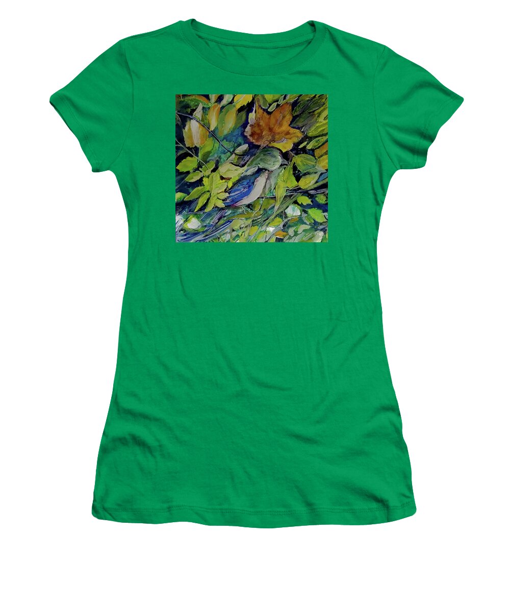 Watercolor Women's T-Shirt featuring the painting Little Bird In The Woodland Area Thicket by Lisa Kaiser