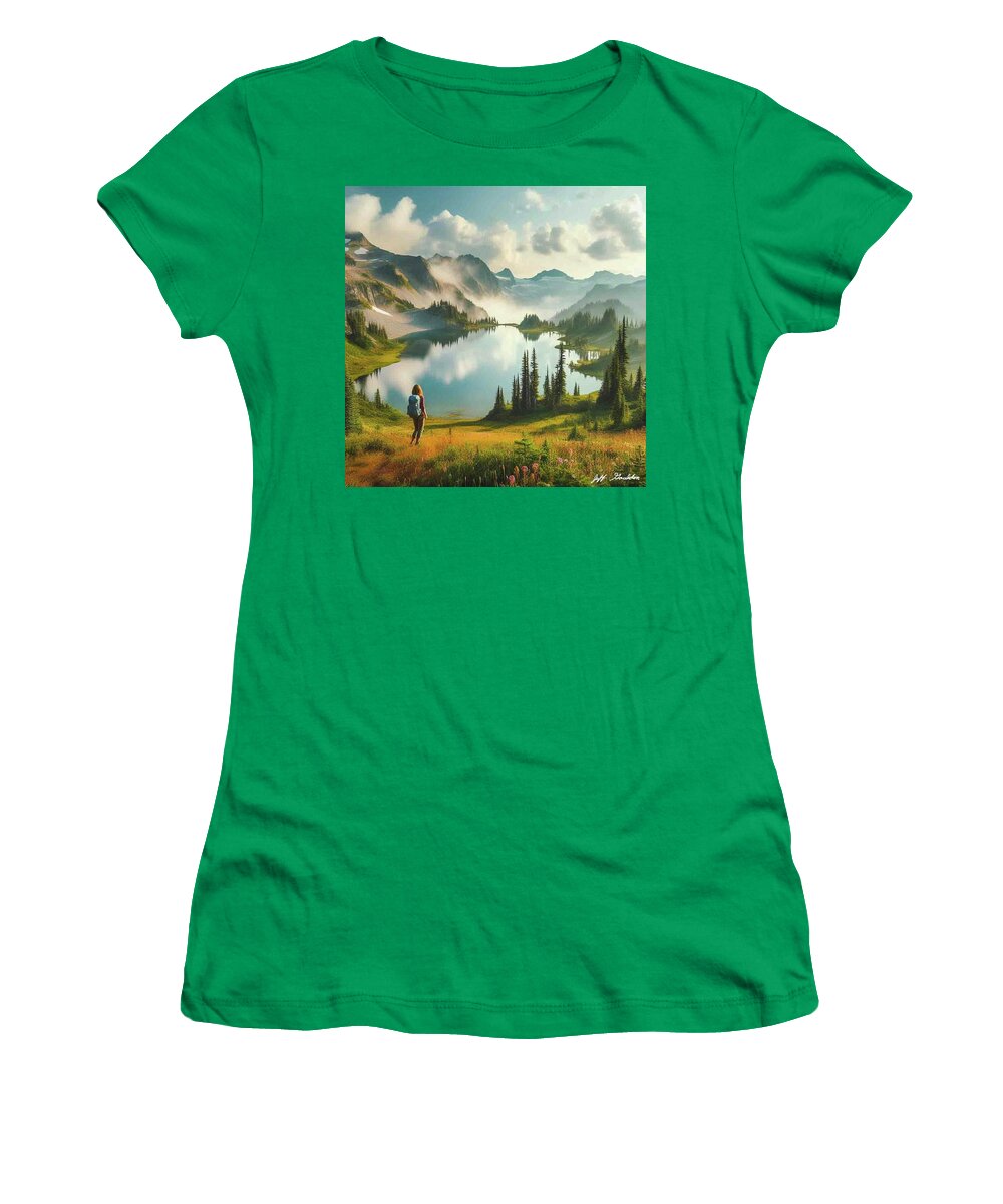 Adult Women's T-Shirt featuring the photograph Lone Hiker at an Alpine Lake by Jeff Goulden