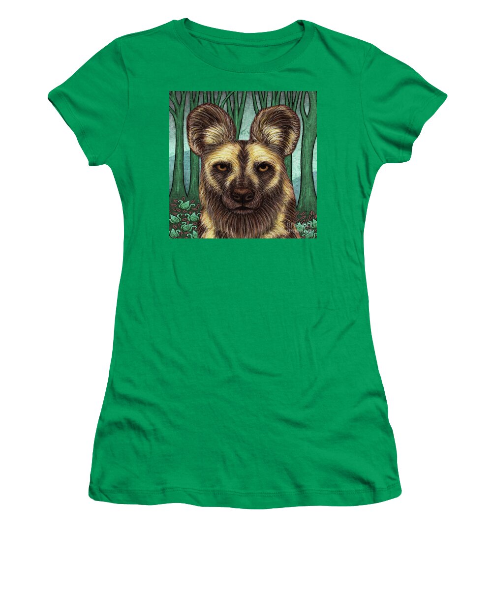 Painted Wolf Women's T-Shirt featuring the painting Painted Wolf Forest by Amy E Fraser