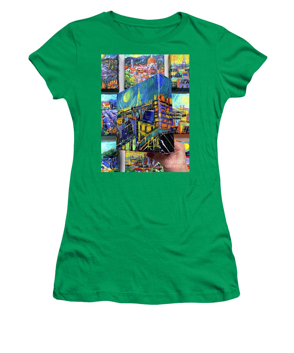 Paris Roofs By Moonlight Women's T-Shirt featuring the painting PARIS ROOFS BY MOONLIGHT - 3D canvas painted edges right side by Mona Edulesco