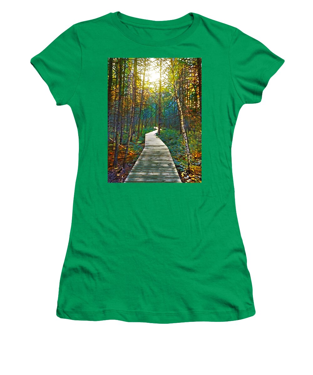 Forest Women's T-Shirt featuring the mixed media Path in the forest Design 263 by Lucie Dumas