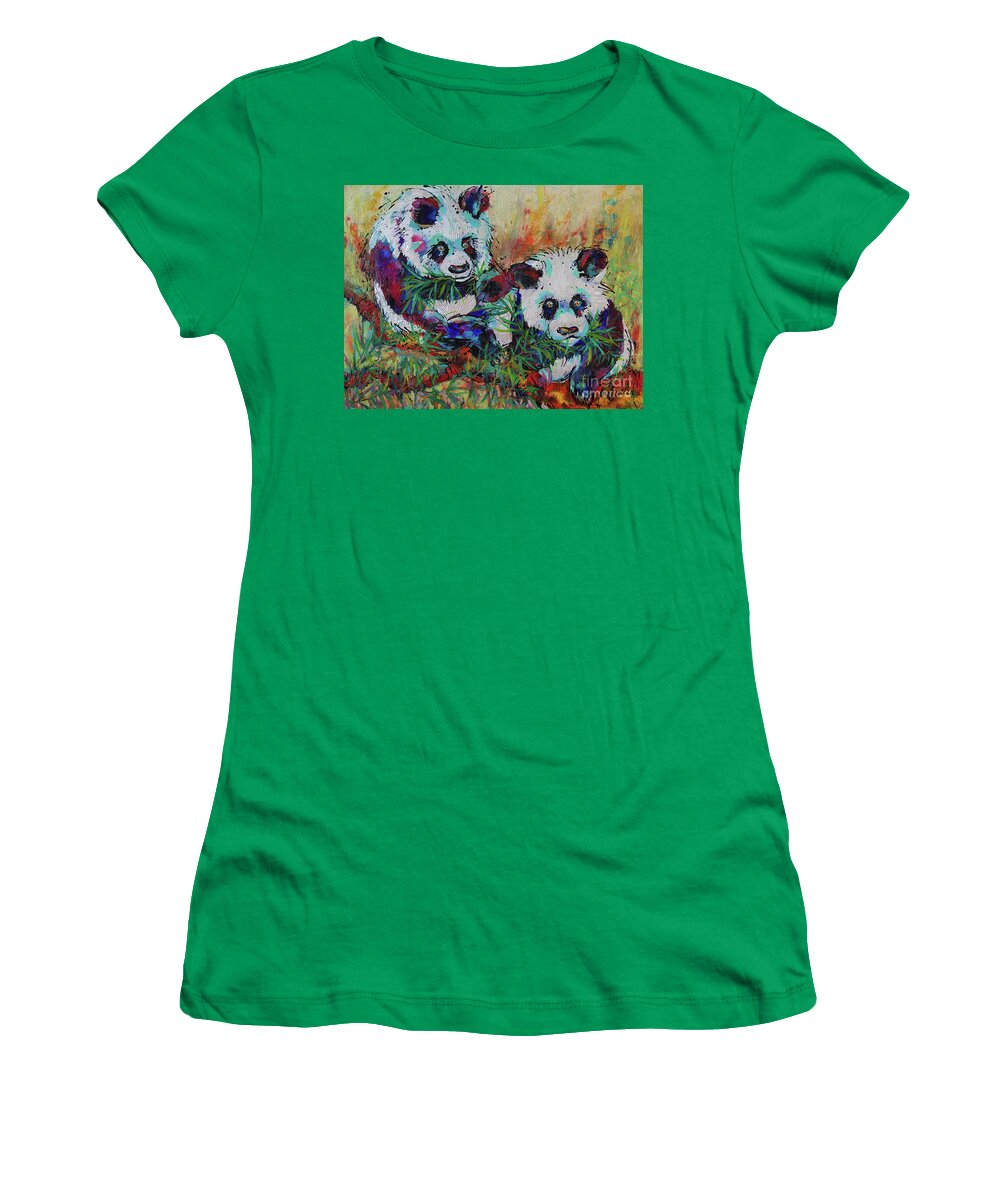 Pandas Women's T-Shirt featuring the painting Playful Giant Pandas by Jyotika Shroff
