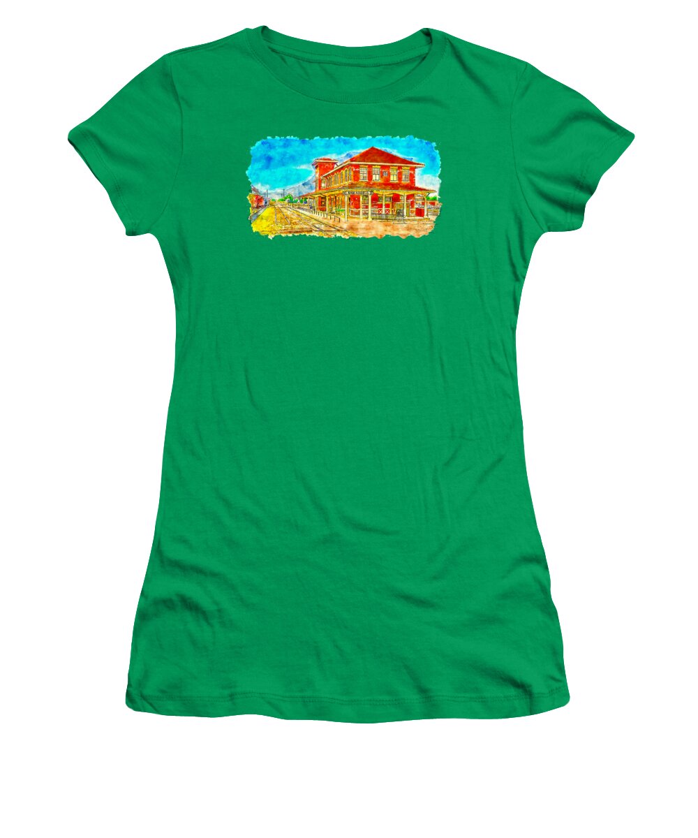 Railway Museum Women's T-Shirt featuring the digital art Railway Museum of San Angelo, Texas - pen sketch and watercolor by Nicko Prints