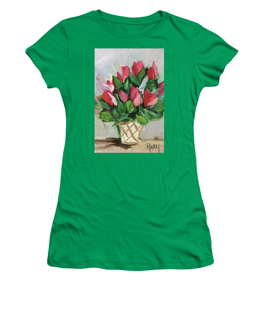 Flowers Women's T-Shirt featuring the painting Red Flowers in a White Basket by Roxy Rich
