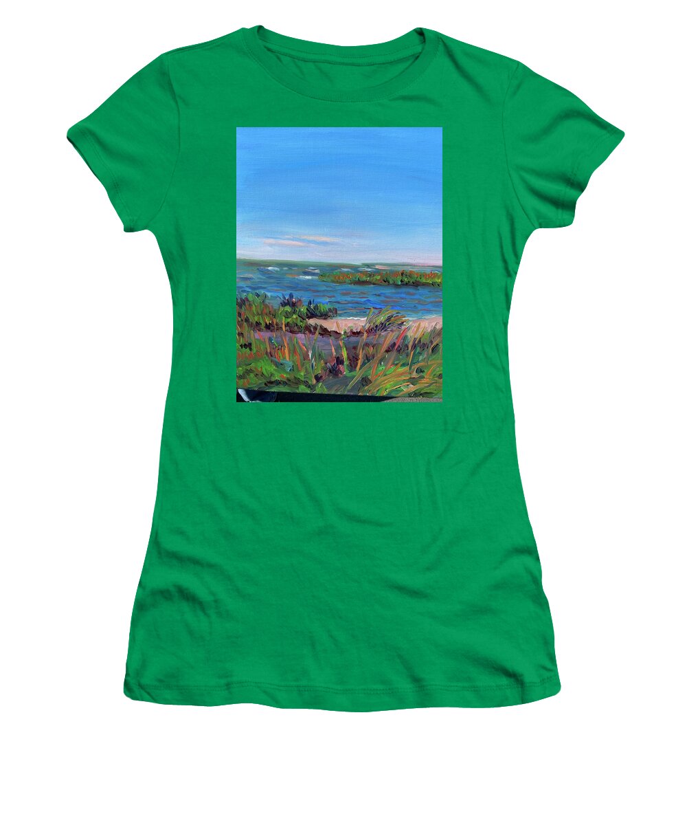 Cape Cod Beach Harbor Summer Women's T-Shirt featuring the painting Rock Harbor by Beth Riso