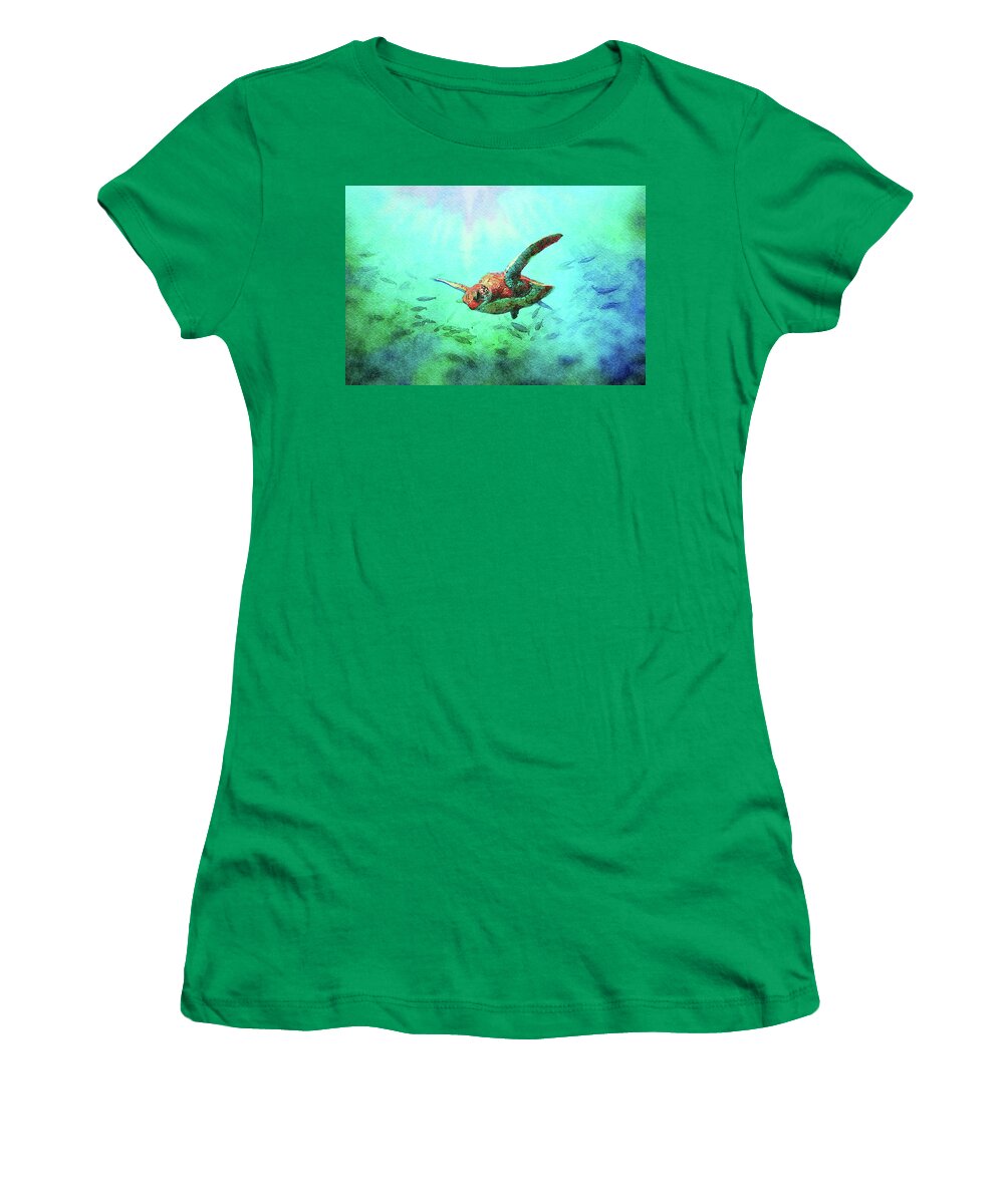 Sea Women's T-Shirt featuring the digital art Sea Turtle and Fish in the Sunlight by Shelli Fitzpatrick