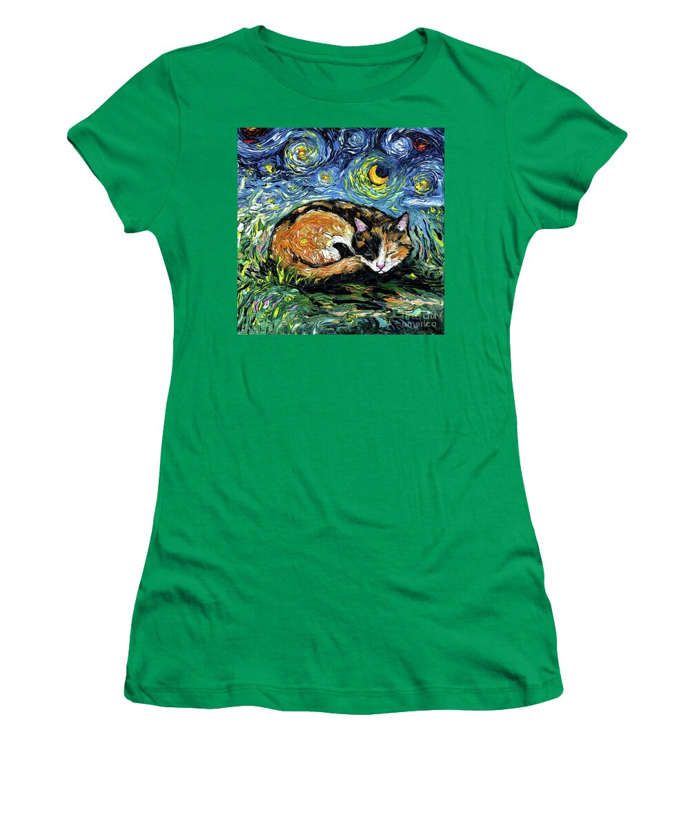 Calico Women's T-Shirt featuring the painting Sleepy Calico Night by Aja Trier