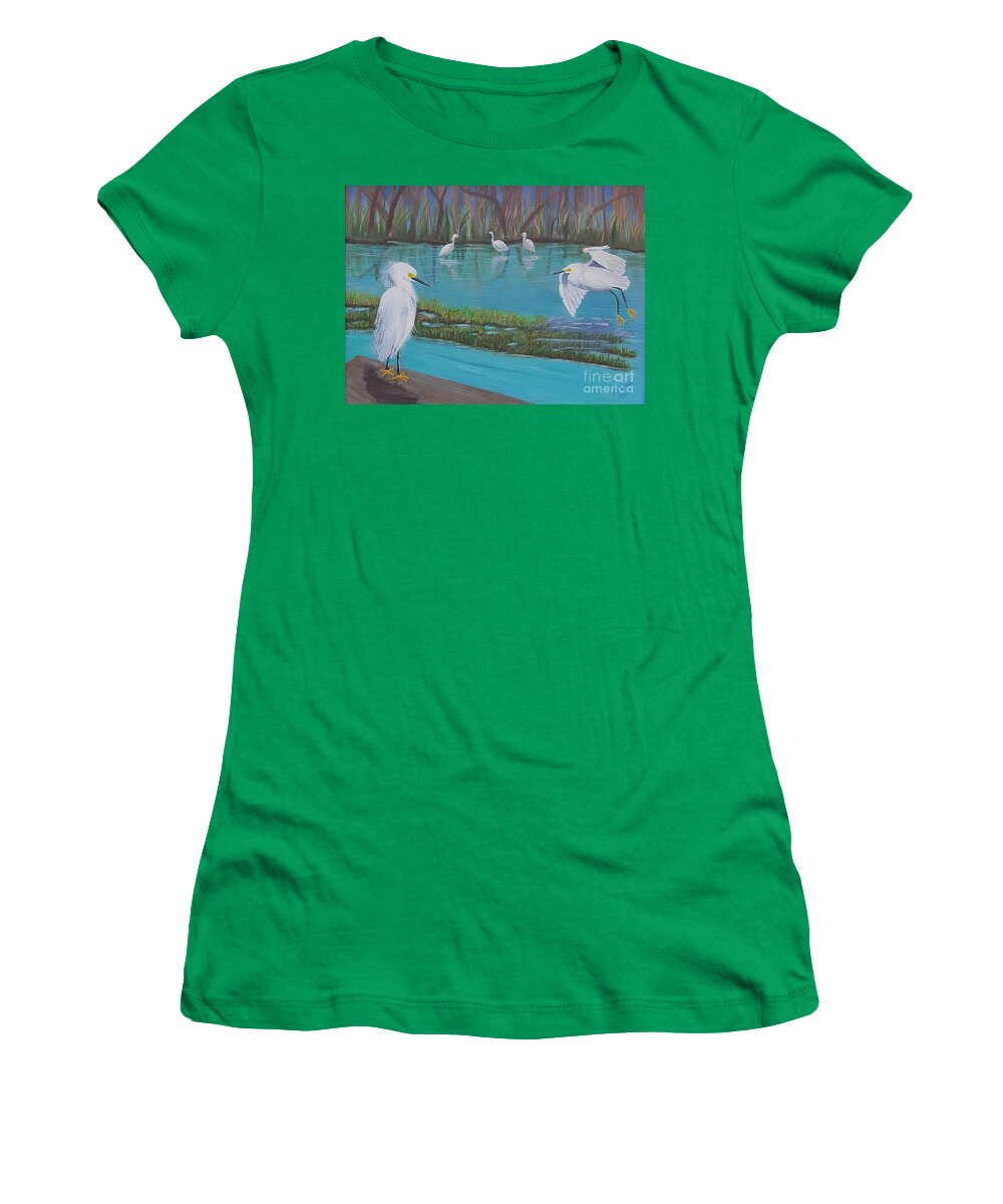 Snowy Women's T-Shirt featuring the painting Snowy Egrets by Elizabeth Mauldin
