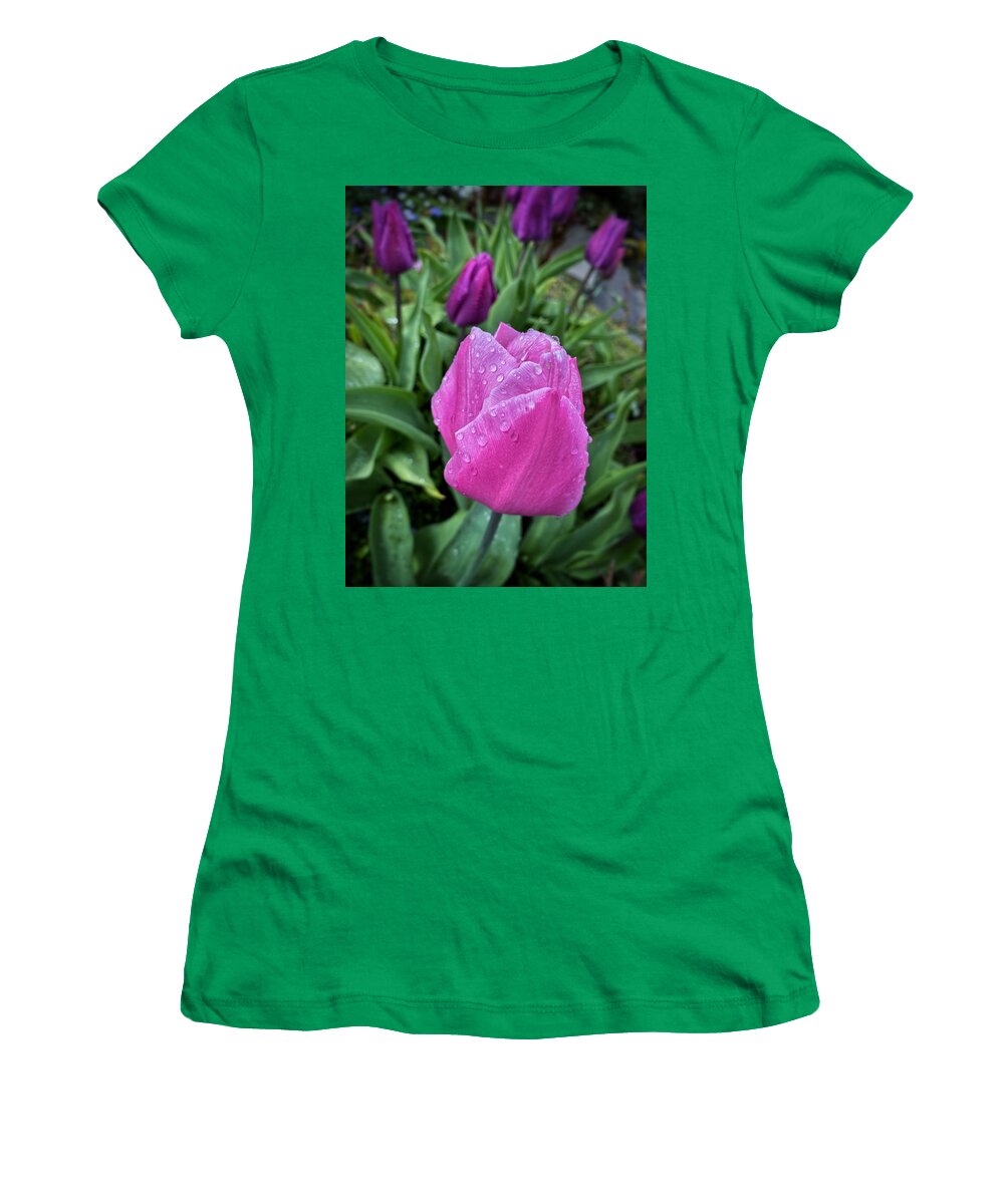 Pink Women's T-Shirt featuring the photograph Spring Raindrops on Pink Tulips by Jerry Abbott