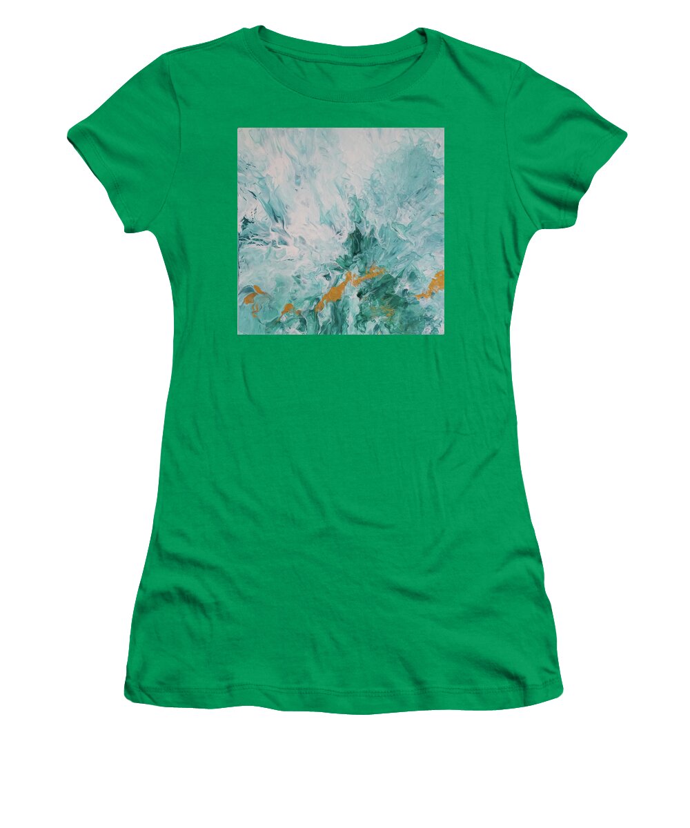 Green Women's T-Shirt featuring the mixed media Stretch of Gold by Aimee Bruno