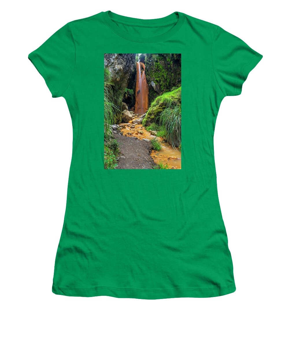 Andes Women's T-Shirt featuring the photograph The golden waterfall by Henri Leduc