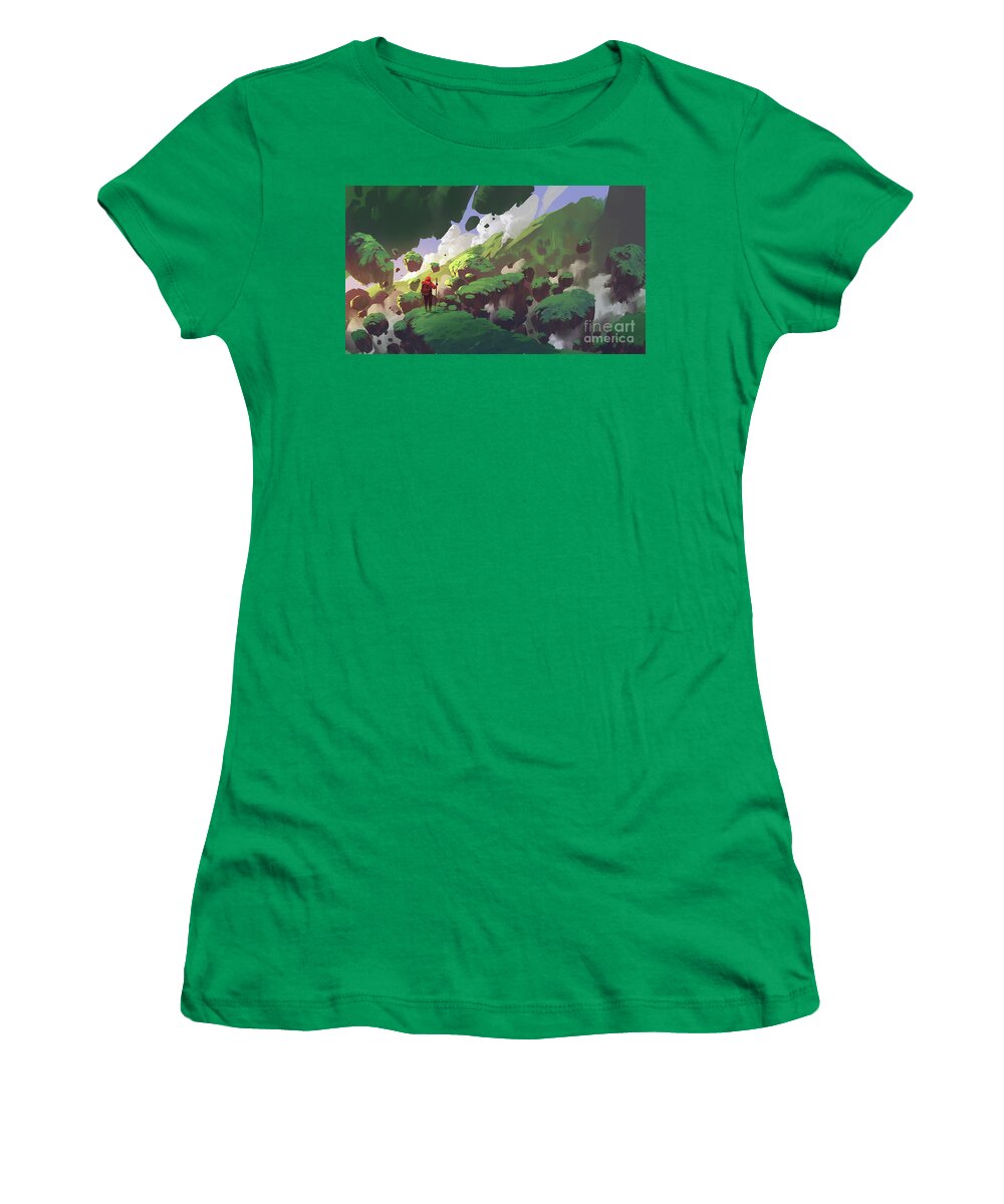 Illustration Women's T-Shirt featuring the painting Traveling in gravity-free land by Tithi Luadthong