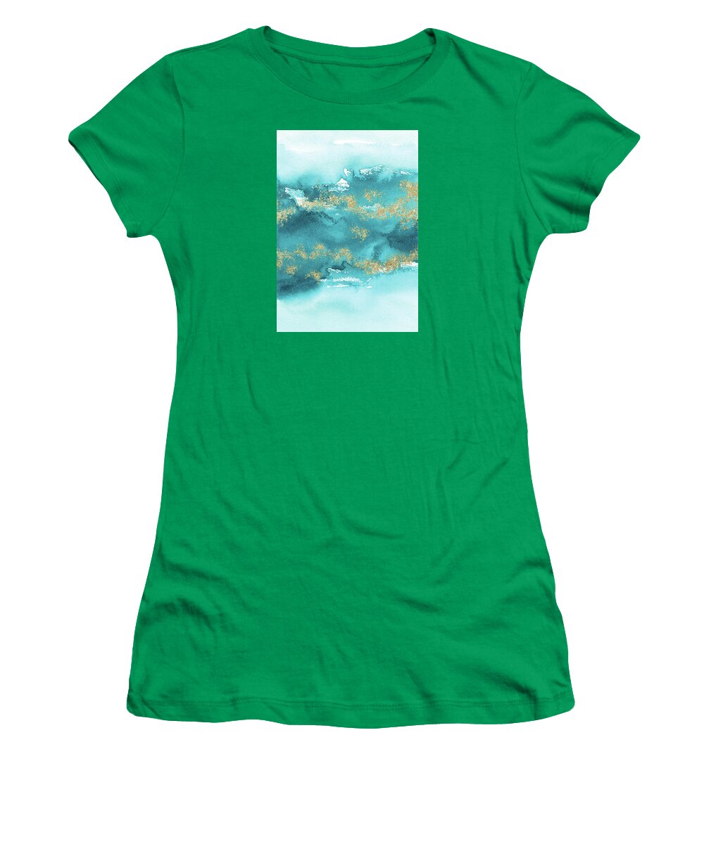 Turquoise Blue Women's T-Shirt featuring the painting Turquoise Blue, Gold And Aquamarine by Garden Of Delights