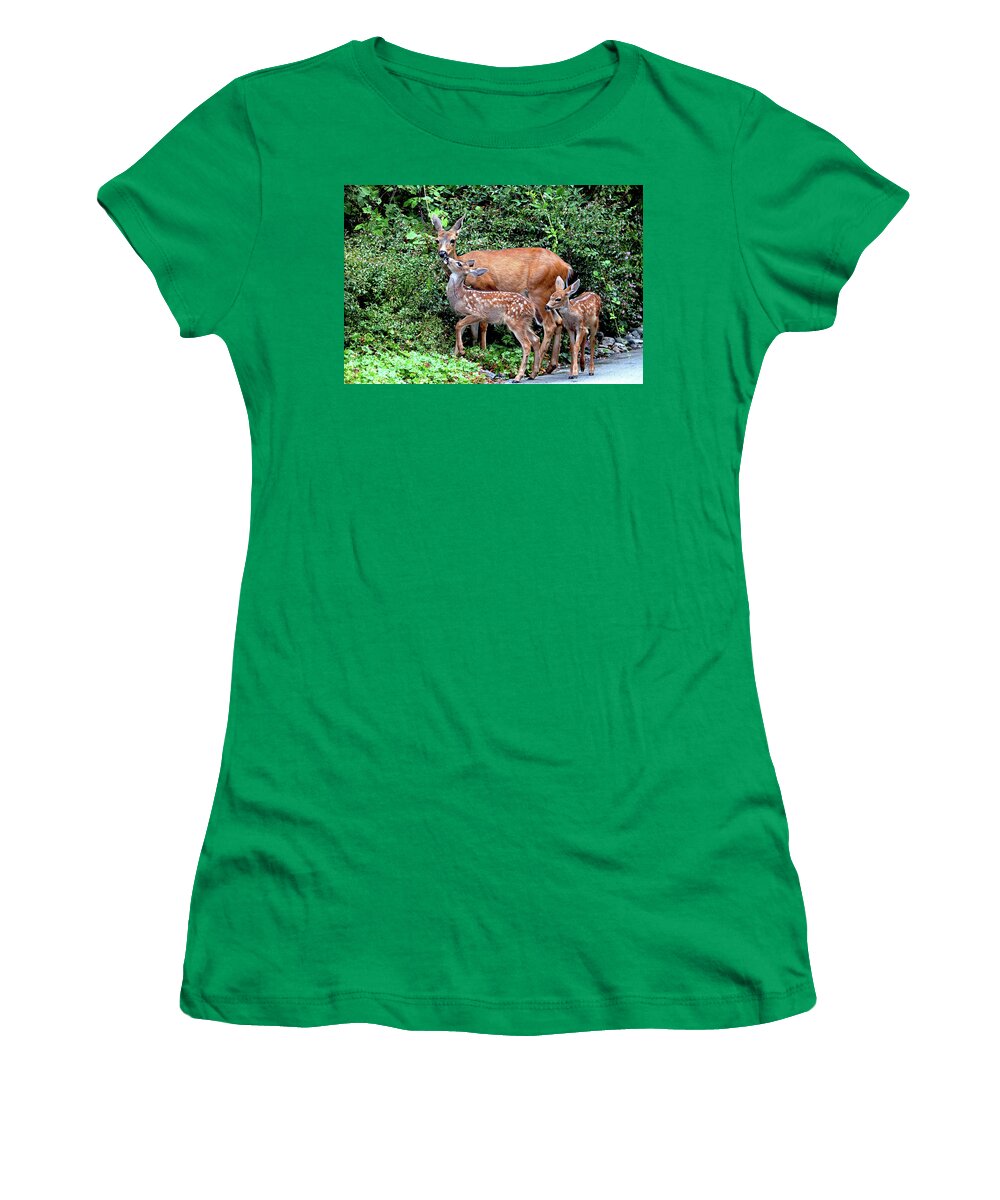 Deer Women's T-Shirt featuring the photograph Twin Fawns and Mother Deer by Peggy Collins