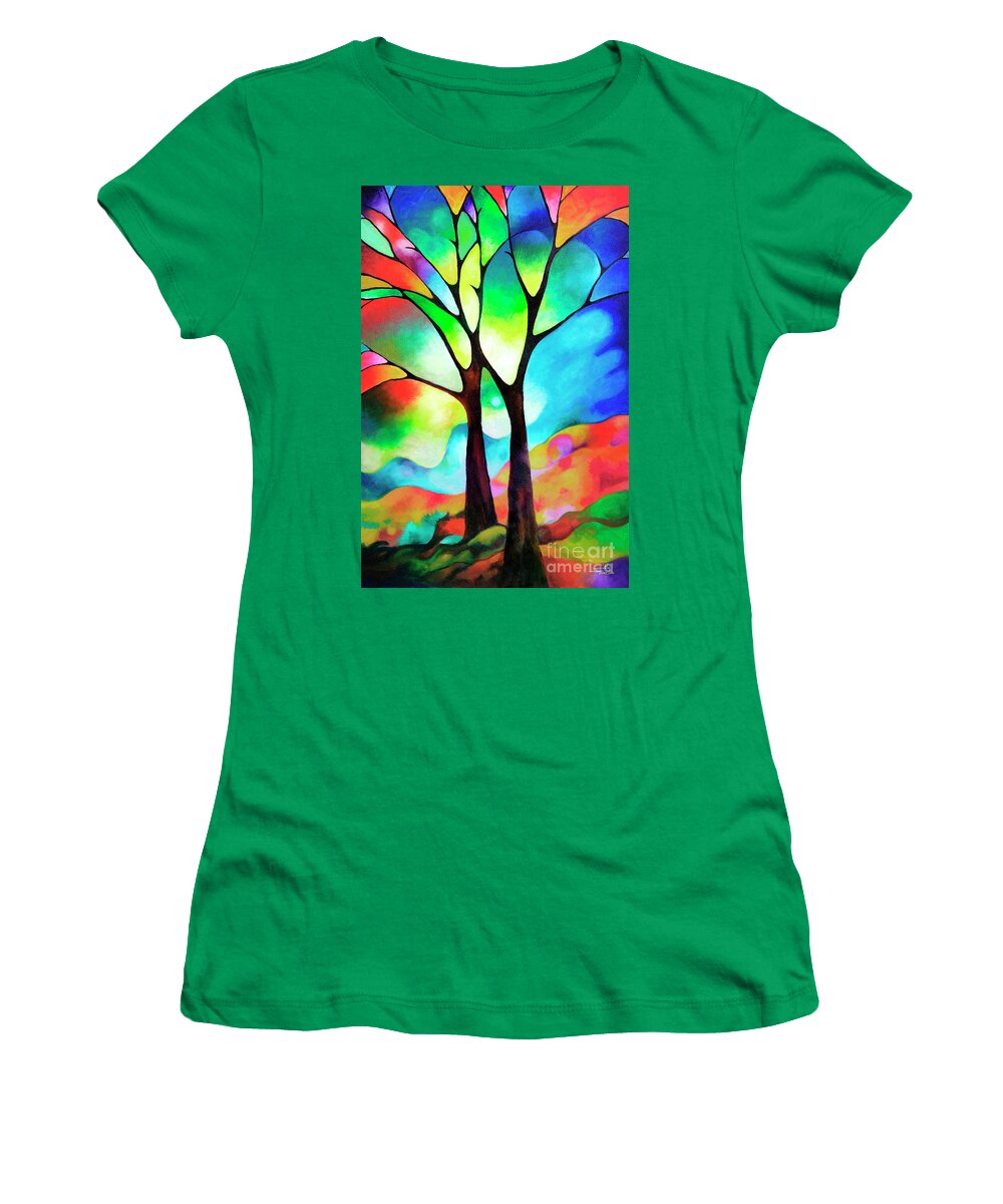 Abstract Women's T-Shirt featuring the painting Two Trees original Sally Trace painting by Sally Trace
