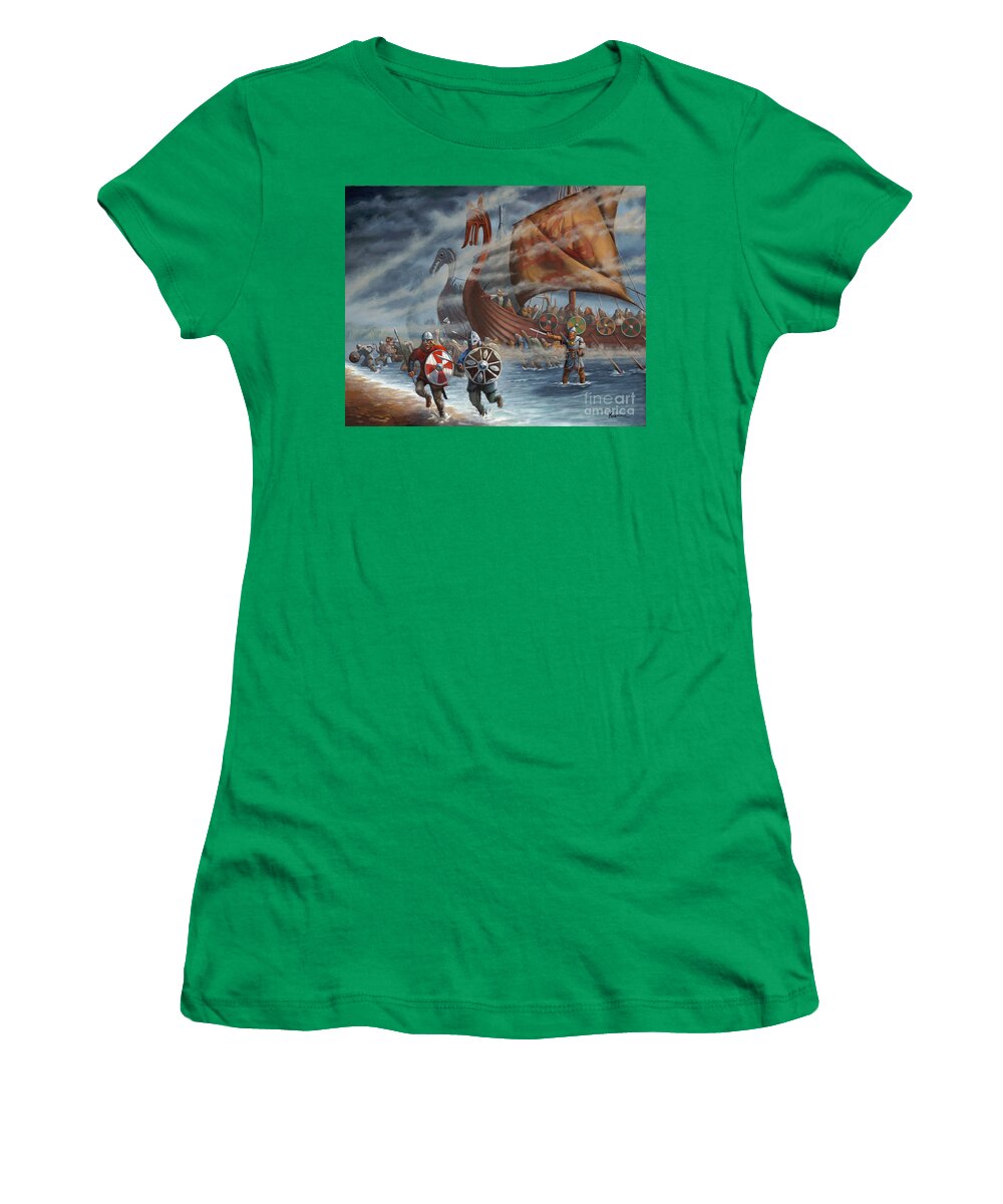Vikings Women's T-Shirt featuring the painting Vikings Ashore by Ken Kvamme