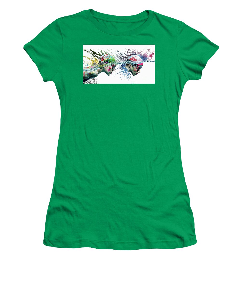 Sports Women's T-Shirt featuring the digital art Watercolor abstract illustration of swimmer. Swimming action during colorful paint splash. by Odon Czintos