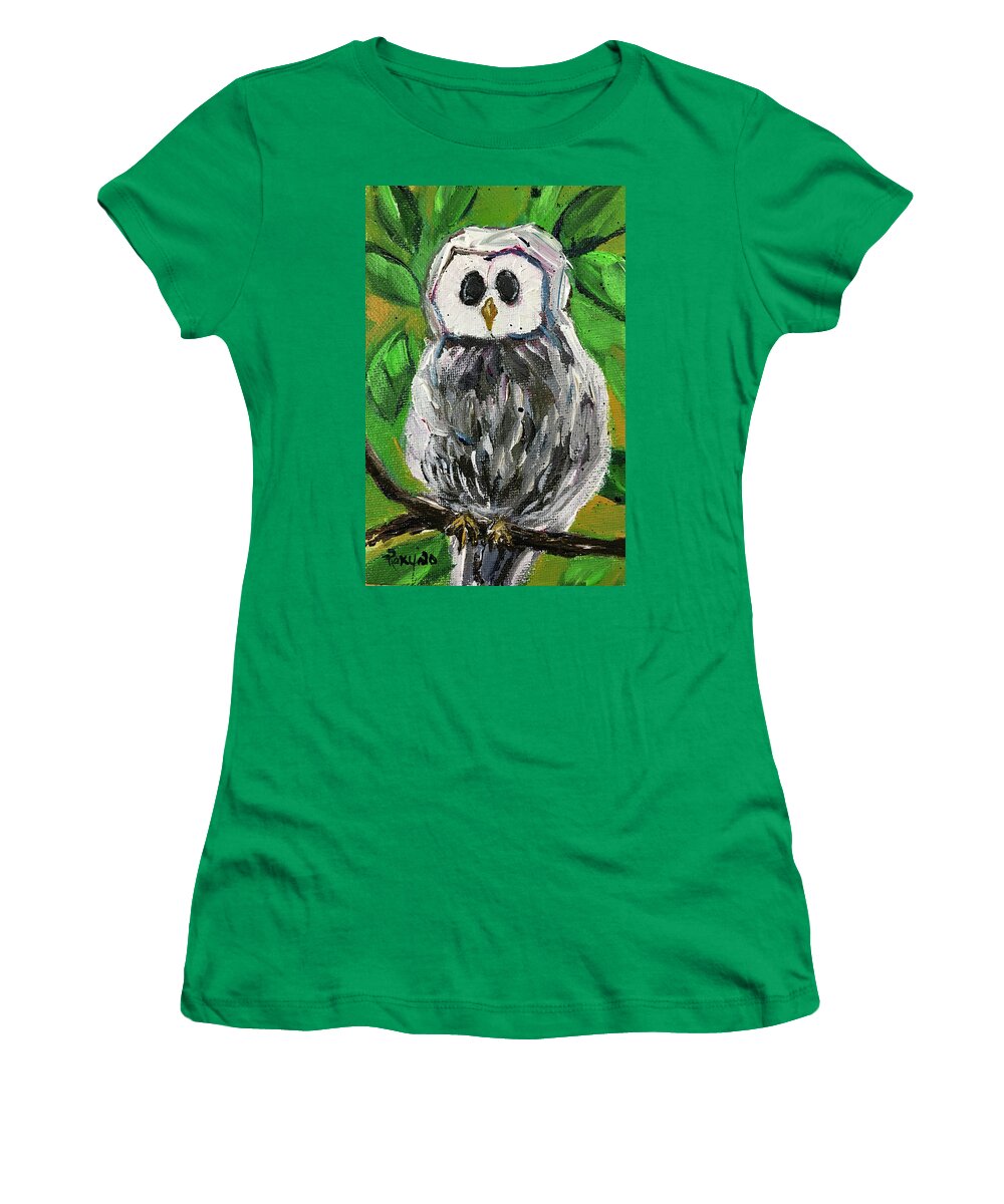 Owl Women's T-Shirt featuring the painting White Owl in Foilage by Roxy Rich
