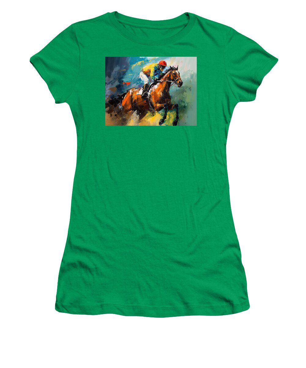 Horse Racing Women's T-Shirt featuring the painting Will To Win - Horse Racing Art - Will Power by Lourry Legarde