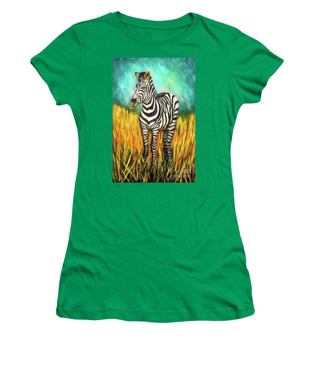 Oil Painting Women's T-Shirt featuring the painting Zebra In Field by Sherrell Rodgers