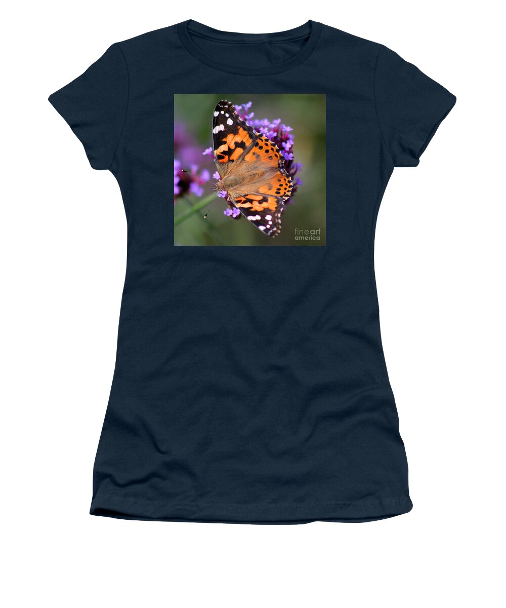 American Women's T-Shirt featuring the photograph American Painted Lady Butterfly Square #1 by Karen Adams
