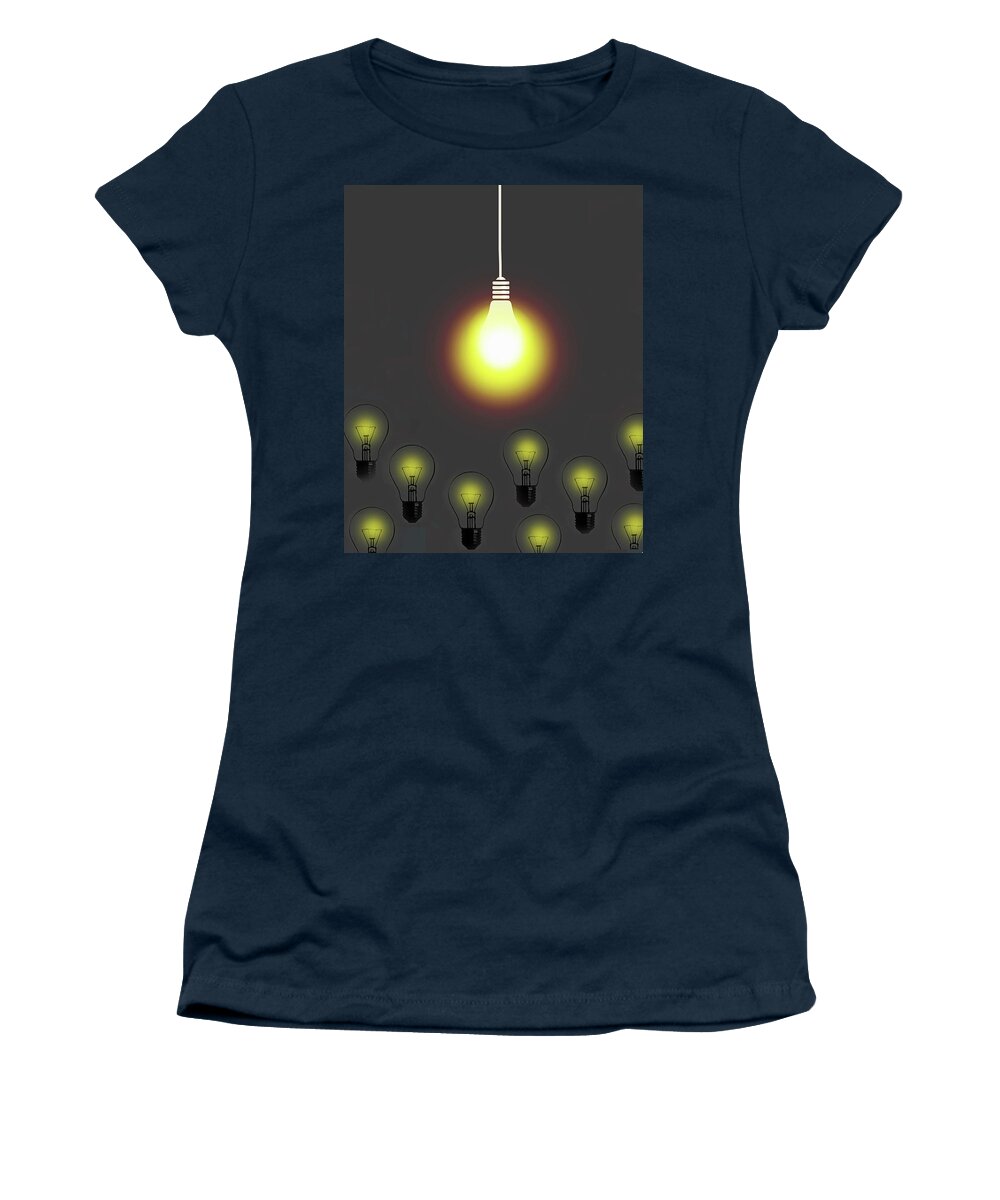 Above Women's T-Shirt featuring the photograph Bright Light Bulb Shining Above Dim #1 by Ikon Ikon Images