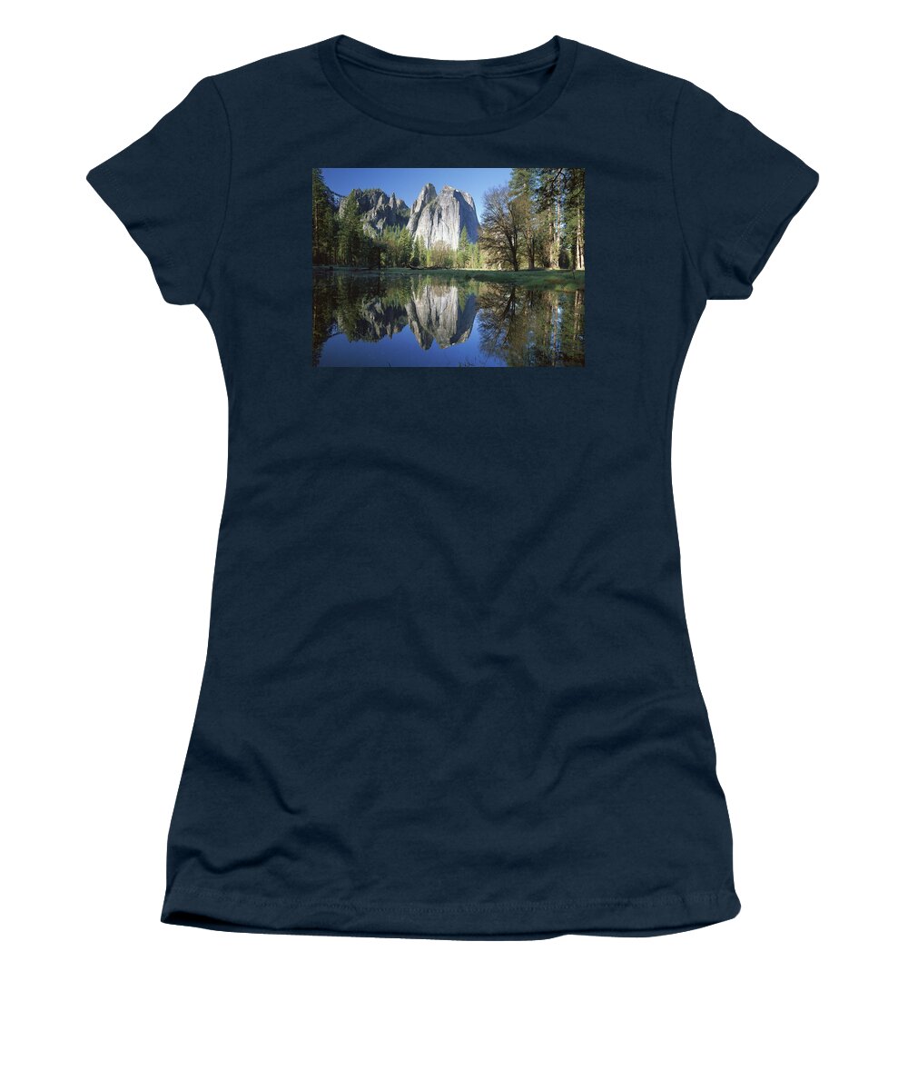 Feb0514 Women's T-Shirt featuring the photograph Cathedral Rock And The Merced River #1 by Tim Fitzharris