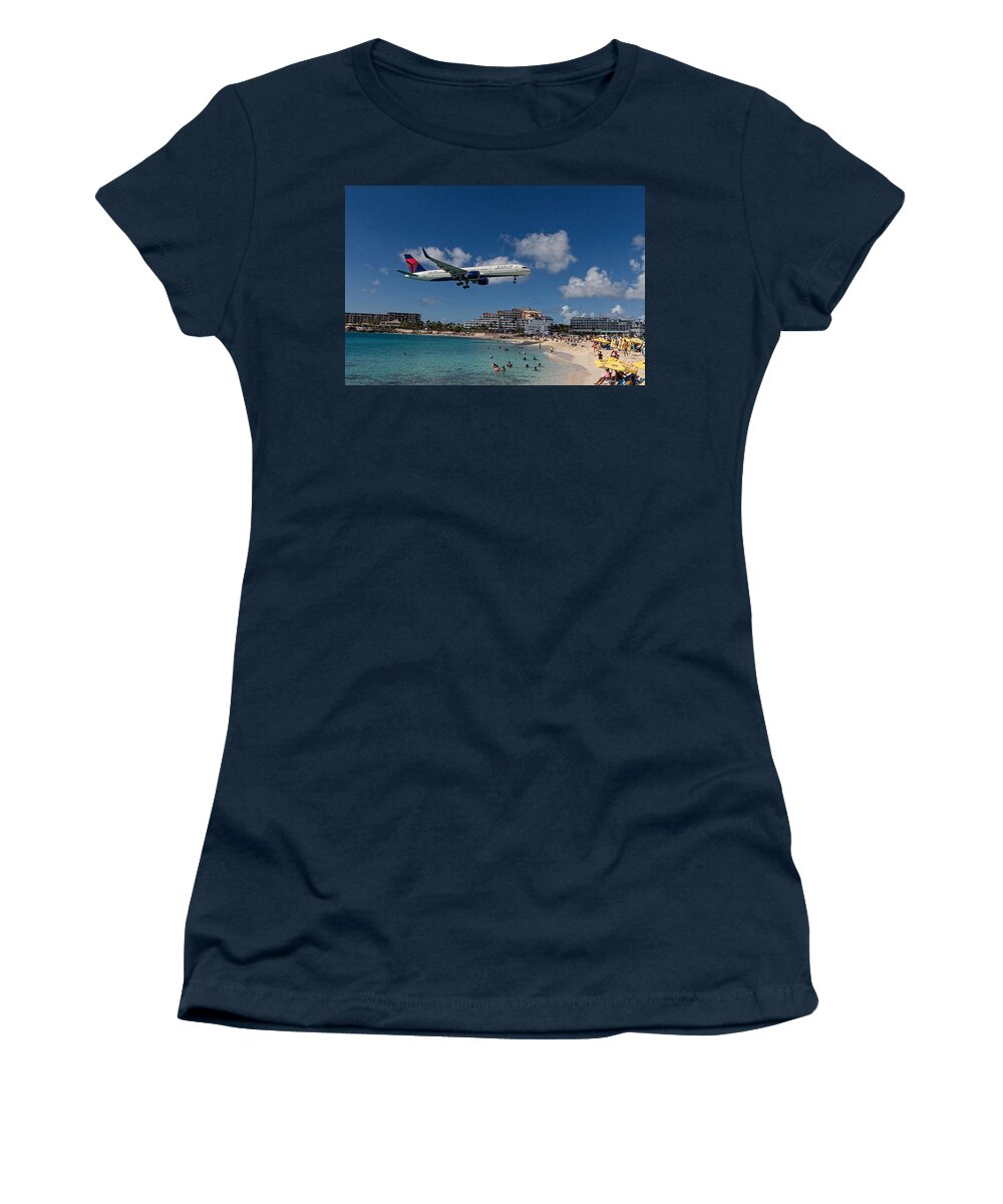 Delta Air Lines Women's T-Shirt featuring the photograph Delta Air Lines landing at St Maarten #1 by David Gleeson