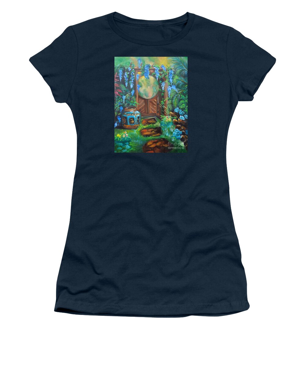 Garden Floral Scene Print Women's T-Shirt featuring the painting Garden Gate by Jenny Lee