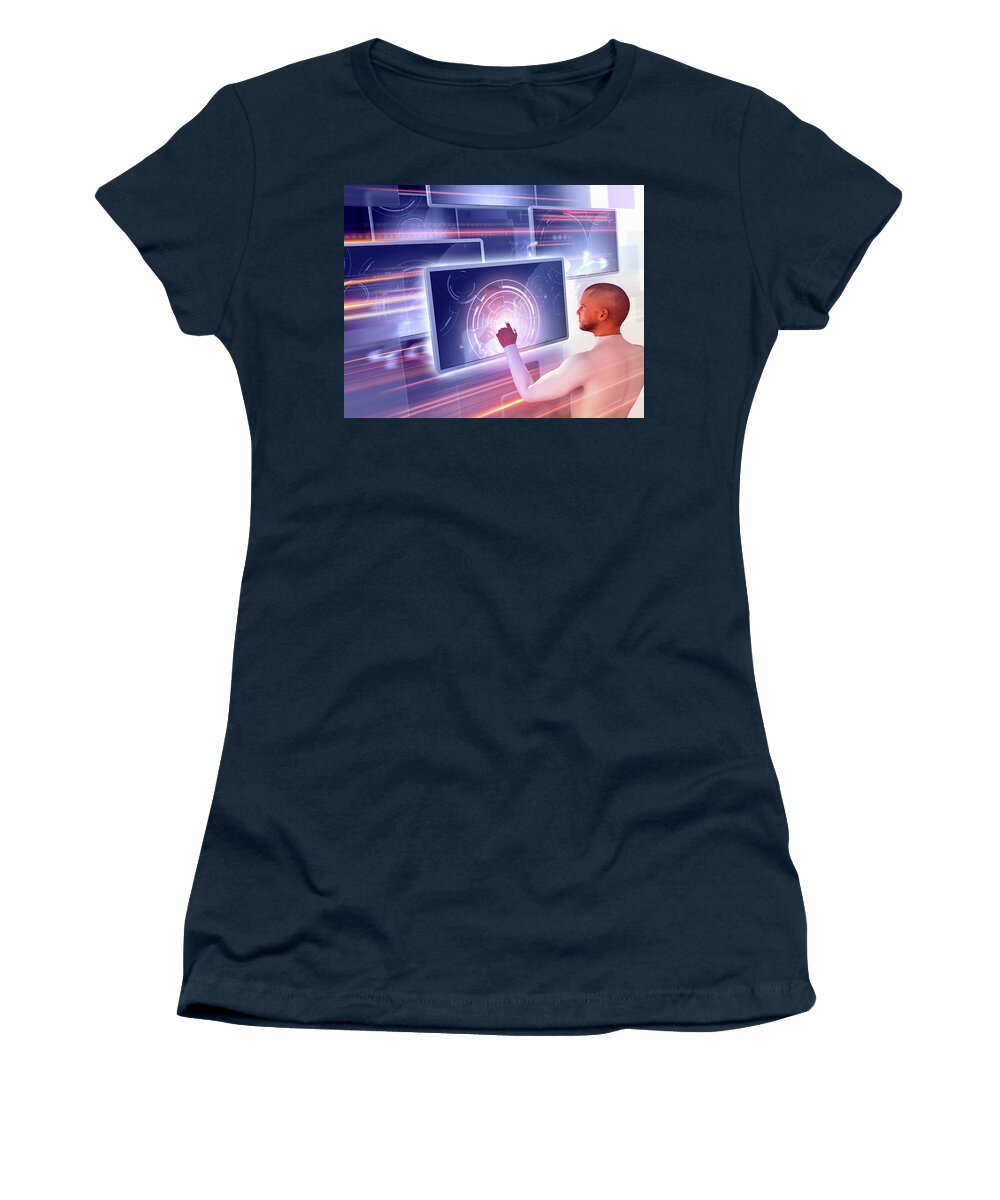 Abundance Women's T-Shirt featuring the photograph Man Using Touch Screen Technology #1 by Ikon Ikon Images