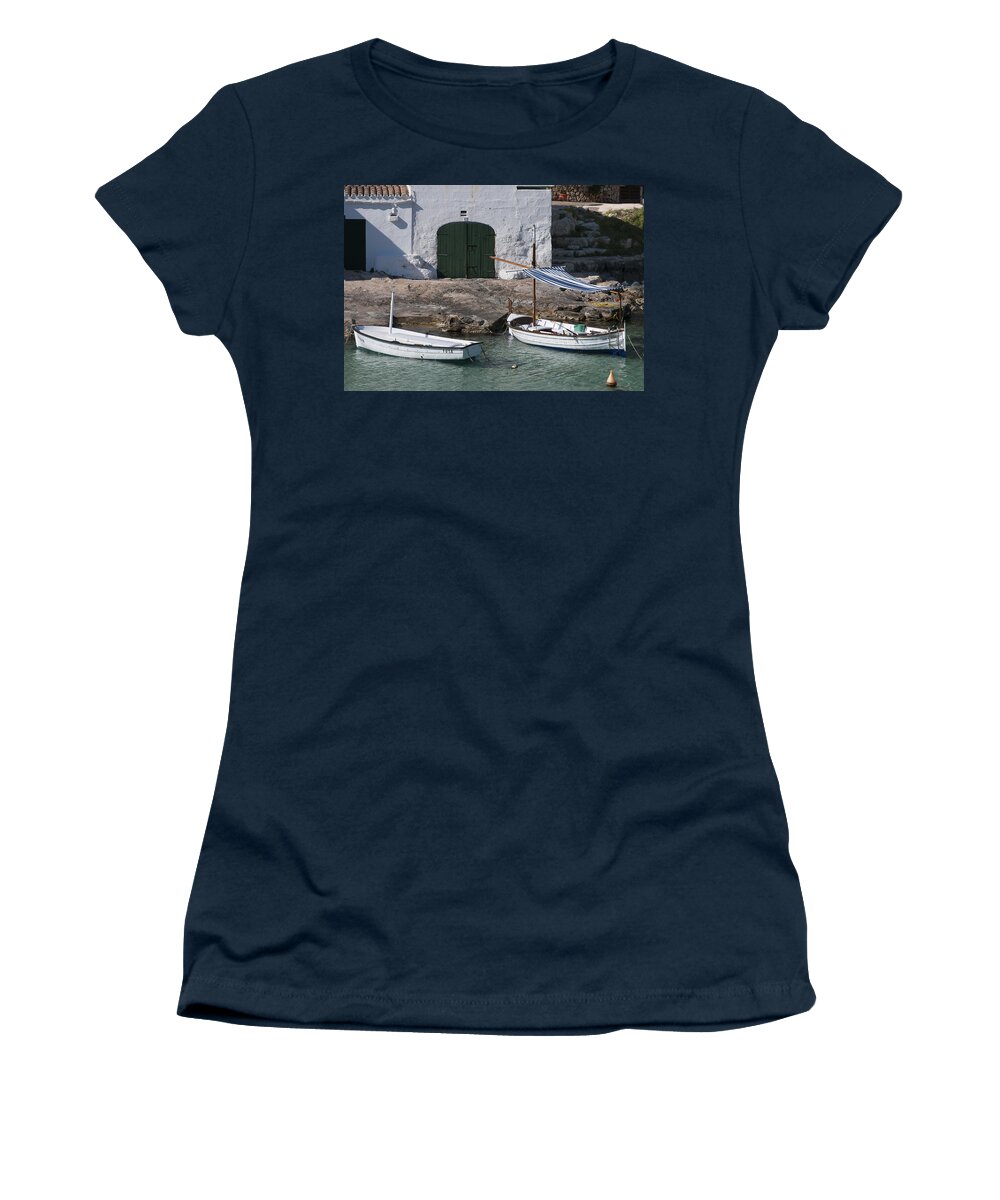 Architecture Women's T-Shirt featuring the photograph Typical mediterranean fishermen boat and house in Minorca Island - Old fishermen villa by Pedro Cardona Llambias