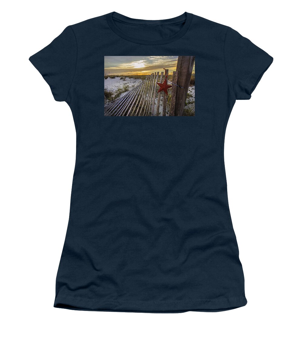 Christmas Women's T-Shirt featuring the digital art Red Star on Fence #1 by Michael Thomas