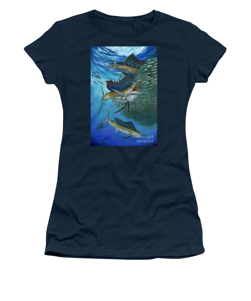 Sailfish Women's T-Shirt featuring the painting Sailfish With A Ball Of Bait by Terry Fox