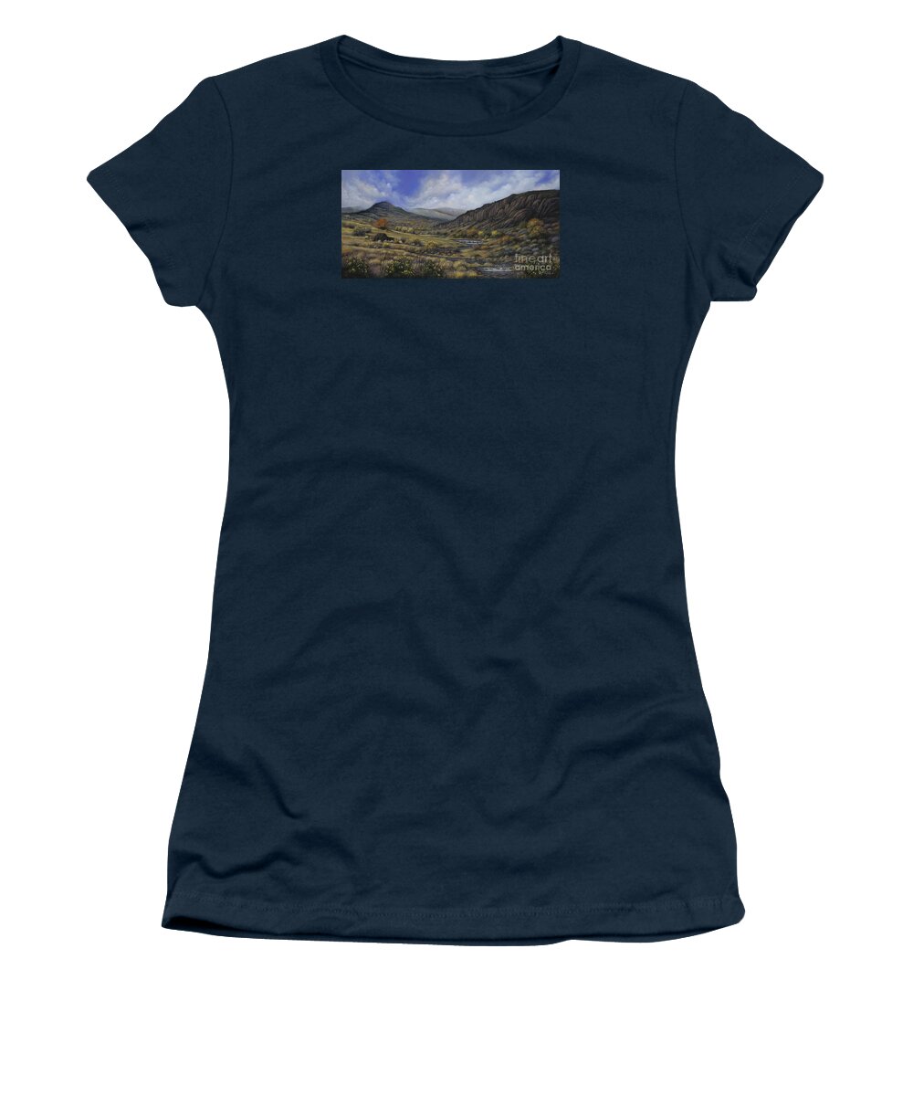 Southwest-landscape Women's T-Shirt featuring the painting Tres Piedras by Ricardo Chavez-Mendez