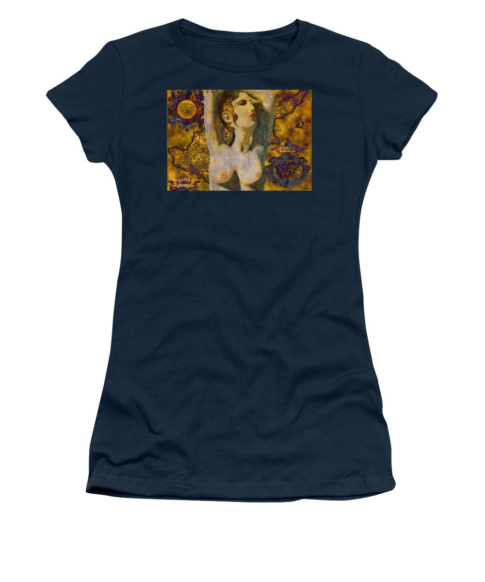 Augusta Stylianou Women's T-Shirt featuring the digital art Ancient Cyprus Map and Aphrodite #17 by Augusta Stylianou